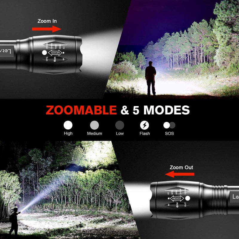 LETMY LED Tactical Flashlight S2000 [4 Pack] - High Lumens, Zoomable, 5 Modes, Waterproof Handheld LED Flashlight - Best Camping, Outdoor, Emergency, Everyday Flashlights - Image 4